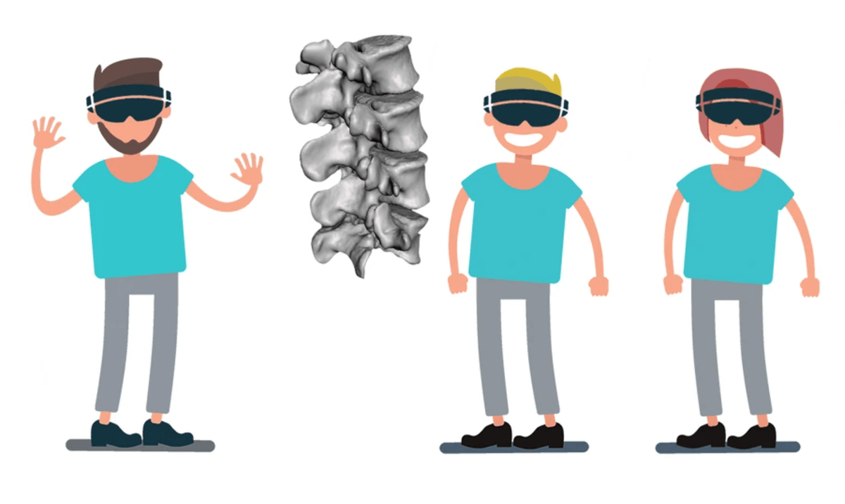A cartoon image of three people wearing headsets and interacting with a 3D model of the vertrebrae.